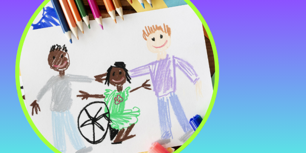 hand drawn picture of two smiling adults standing beside a child sitting in a wheelchair