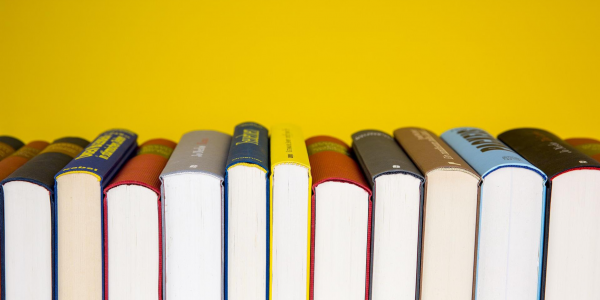 eleven hardcover books grouped in a row with spines facing up