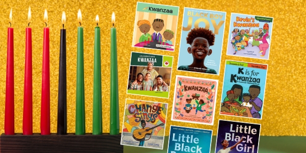 seven Kwanzaa candles baside various book covers