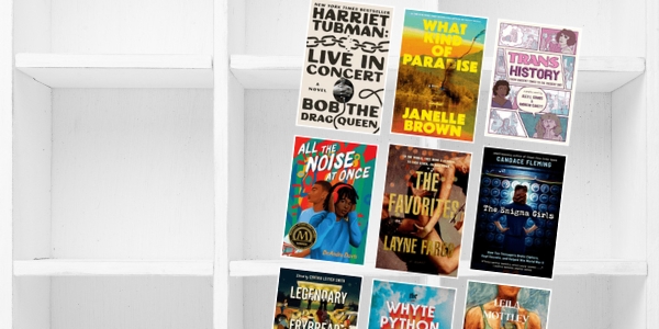 white bookshelf with various book covers