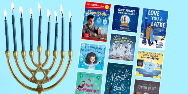 Menorah with lighted candles beside various book covers