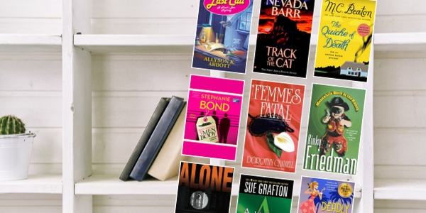 bookshelf with various book covers