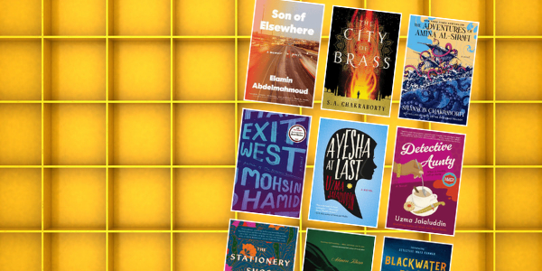 yellow bookshelf with various book covers