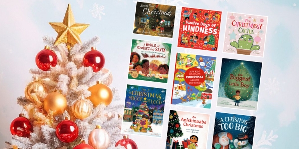 Christmas tree beside various book covers