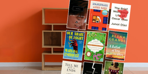 orange wall with a bookshelf with various book covers