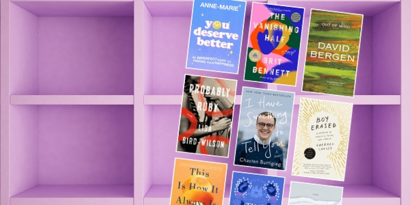 purple bookshelf with various book covers