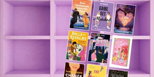 purple bookshelf with various book covers