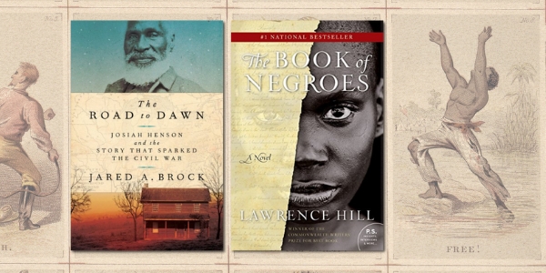 various book covers on a historical document background depicting enslaved people