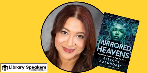headshot of Rebecca Roanhorse beside book cover