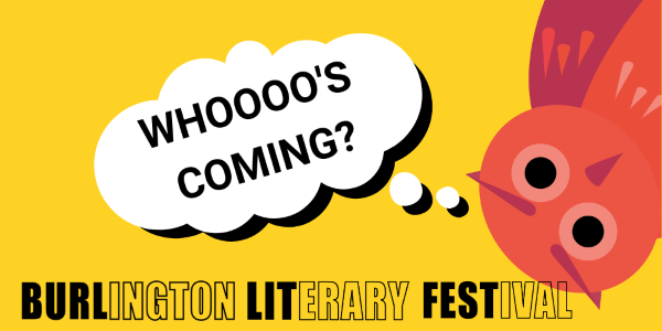 Burlington Literary Festival. Whooo's coming? Orange illustrated owl