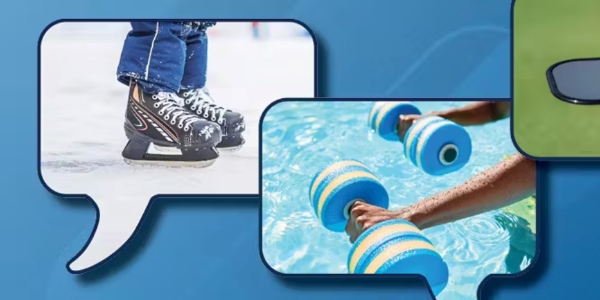 person wearing hockey skates on ice and pool exercise equipment in two image bubbles