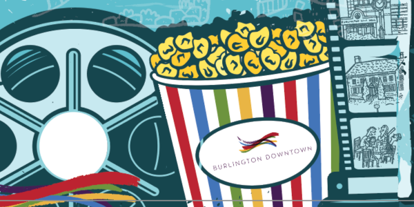A graphic of popcorn and film reel. 