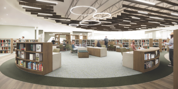 mock up of New Appleby Branch with circular area bordered by bookshelves and high ceilings