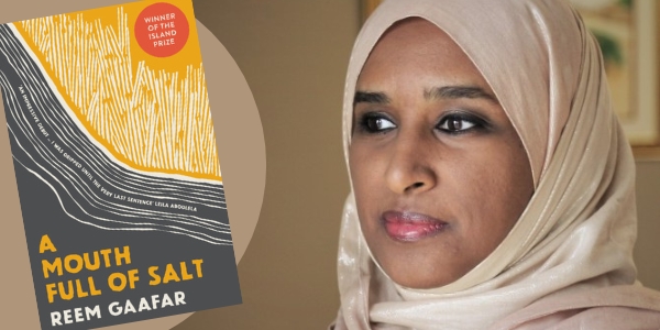 headshot of Reem Gaafar beside book cover pf A Mouth Full of Salt