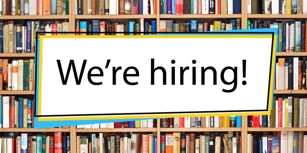 text we're hiring with shelves full of books in the background