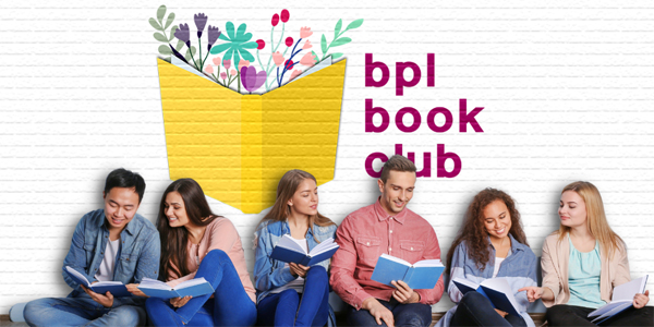 six adults holding books sitting in front of a wall painted with bpl book club text and illustrated yellow book cover with various flowers coming out of it.