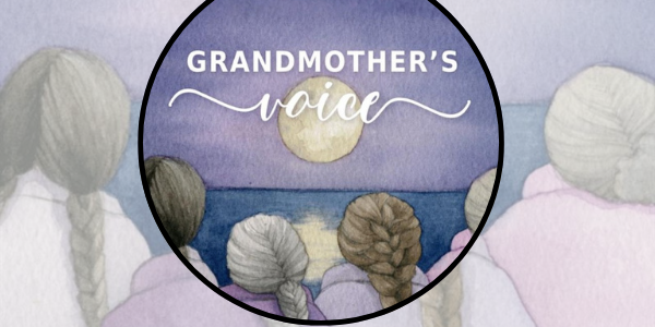painting of four people facing a full moon with the words Grandmother's Voice superimposed on it