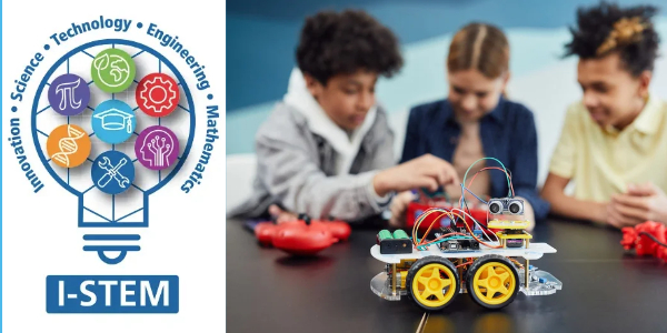 I-STEM logo beside three young adults and a small robotic vehicle