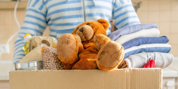 person holding carboard box loaded with dry and canned food, clothes, and toys