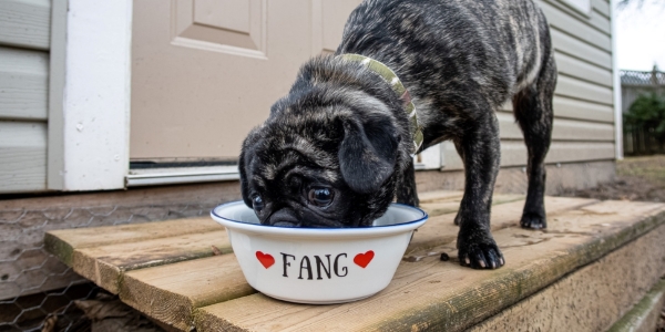 dog eating from a personalized bowl with the name Fang