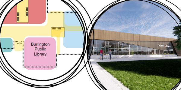 floor plan of the new southeast library branch beside artist concept of the branch exterior