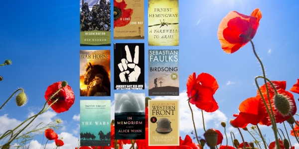 collage of book covers on a background of red poppies