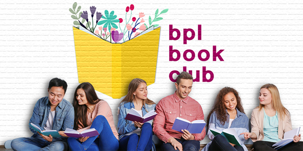 six adults holding books sitting in front of a wall painted with bpl book club text and illustrated yellow book cover with various flowers coming out of it.