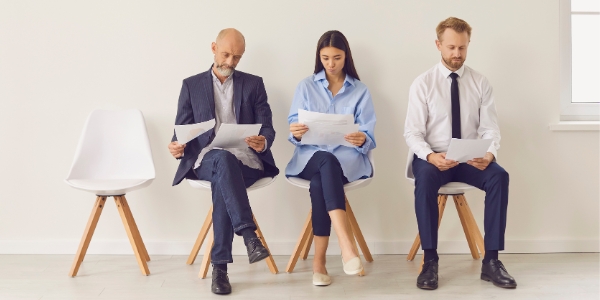 three adults sitting in chairs holding devices