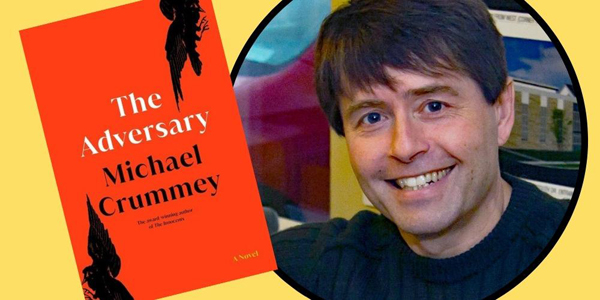 headshot of author beside book cover