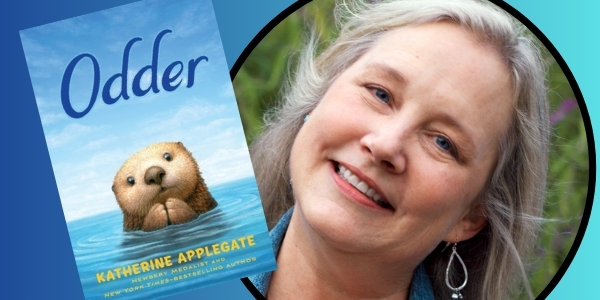 headshot of Katherine Applegate beside book cover