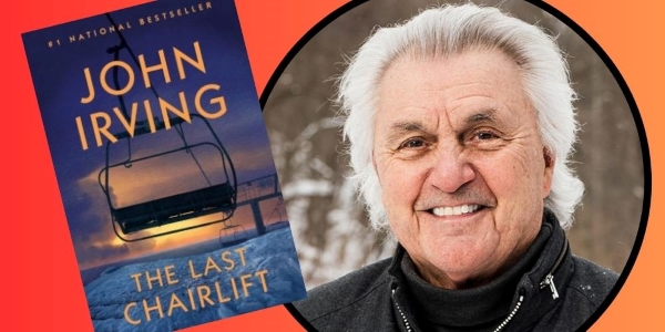 headshot of author beside book cover