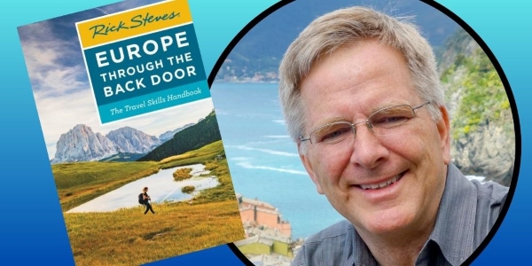 headshot of author beside book cover