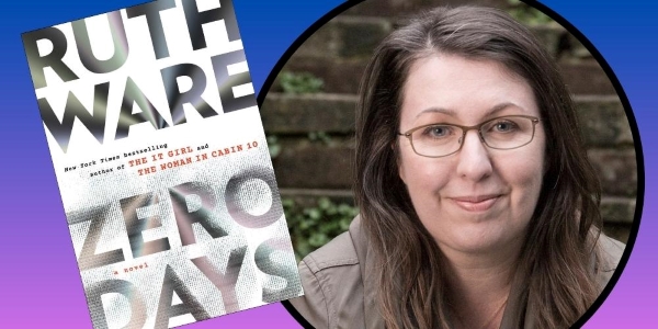 headshot of author beside book cover