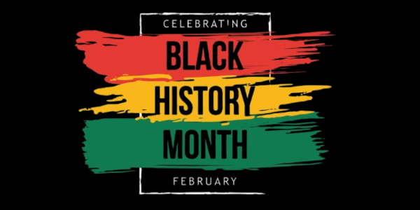text reads Celebrating Black History Month February with a red, yellow, and green stripe behind the text