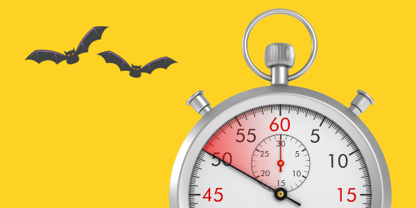 stopwatch beside two illustrated flying bats