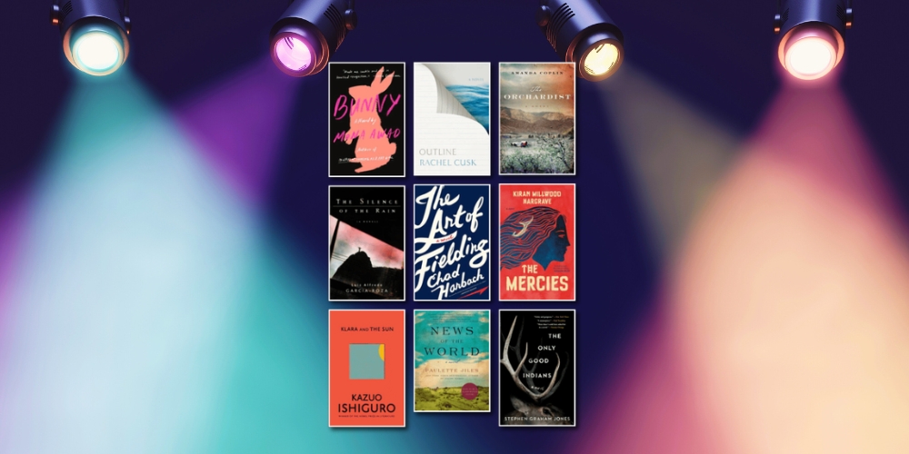 four colourful spotlights on various book covers 