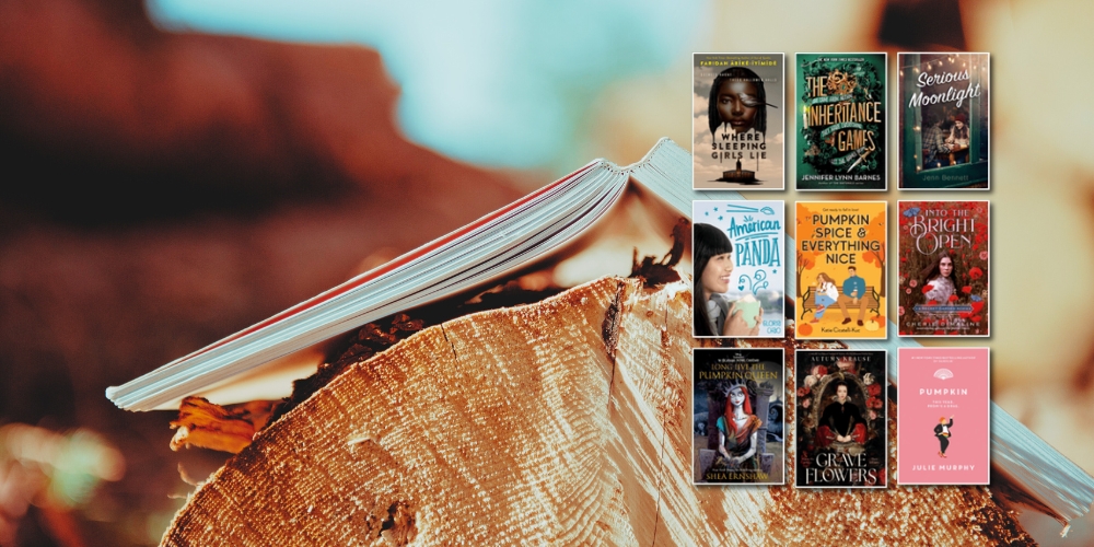 book covers beside a wood stump with an open book face down on it