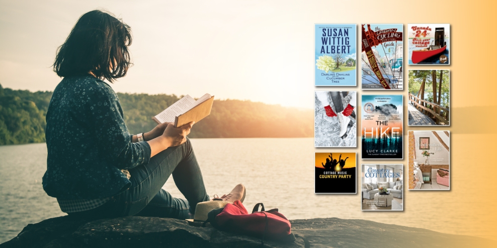 person sitting on a rock by water beside collage of various book covers