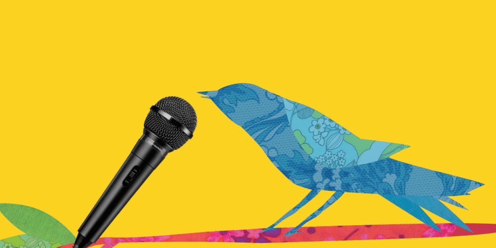 decorative silhouette of a bird chirping into a microphone