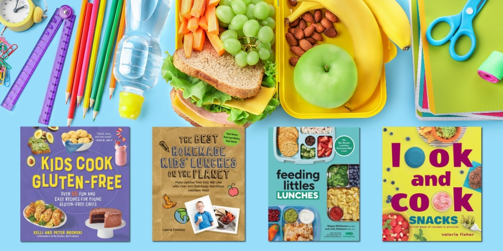 four book covers with a variety of healthy foods and school supplies in the background