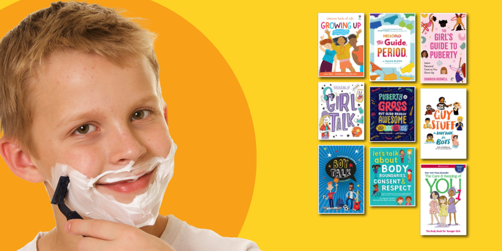 smiling boy shaving beside a collage of book covers