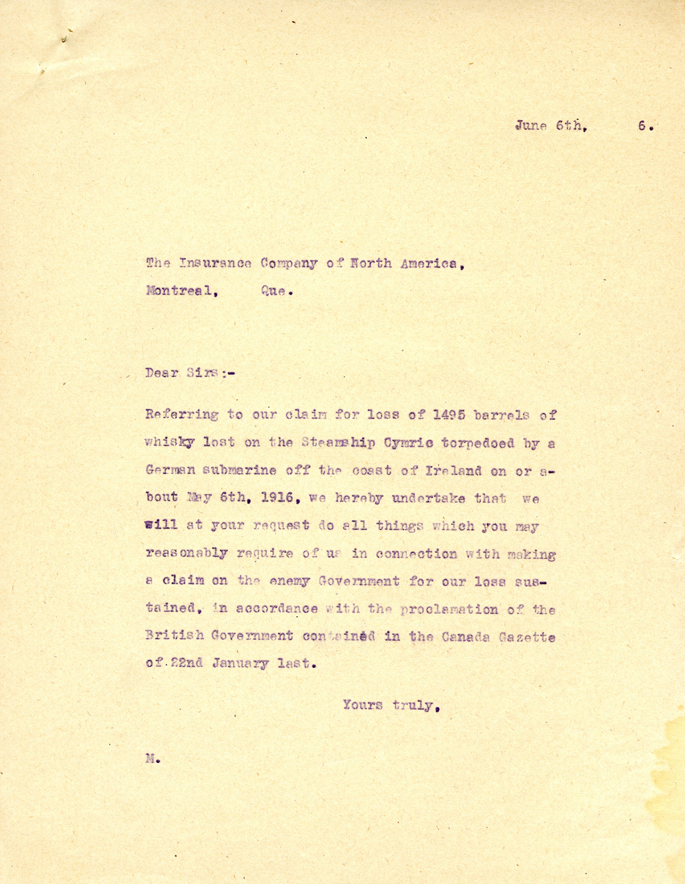 typewritten letter dated June 6th