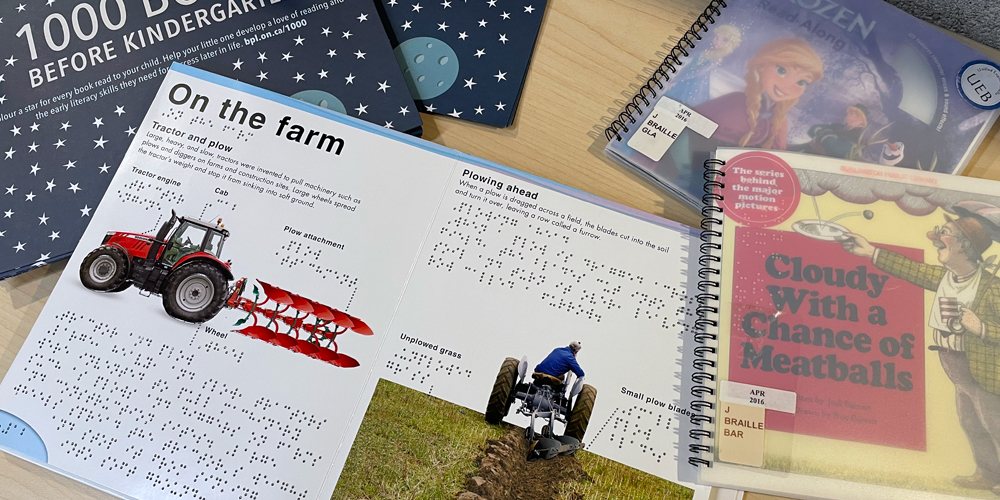 Board and picture books with read-along Braille text and popular stories for kids in the primary grades.