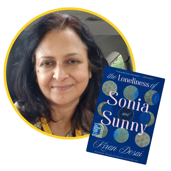 headshot of Kumkum beside book cover