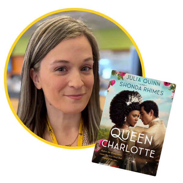 headshot of Heather beside the book cover of Queen Charlotte