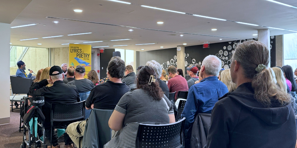 audience at the Rik Emmett author talk in Central Branch at Burlington Lyrics & Poetry Festival