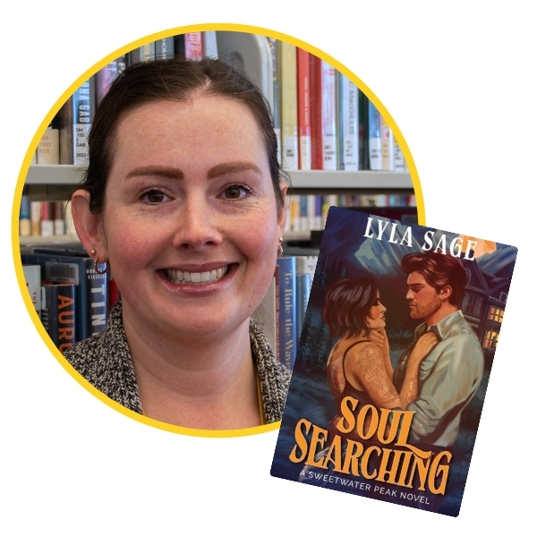 headshot of Sarah beside book cover