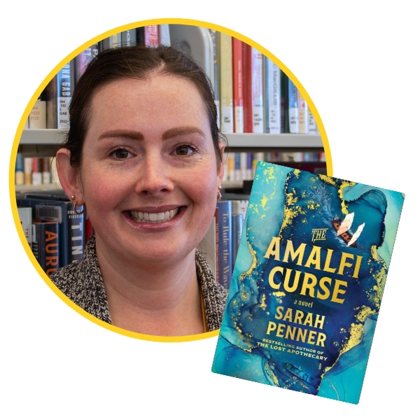headshot of Sarah beside book cover