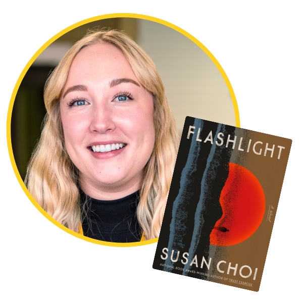 headshot of Kathleen beside book cover