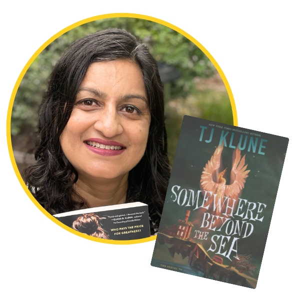 headshot of Deepti beside book cover